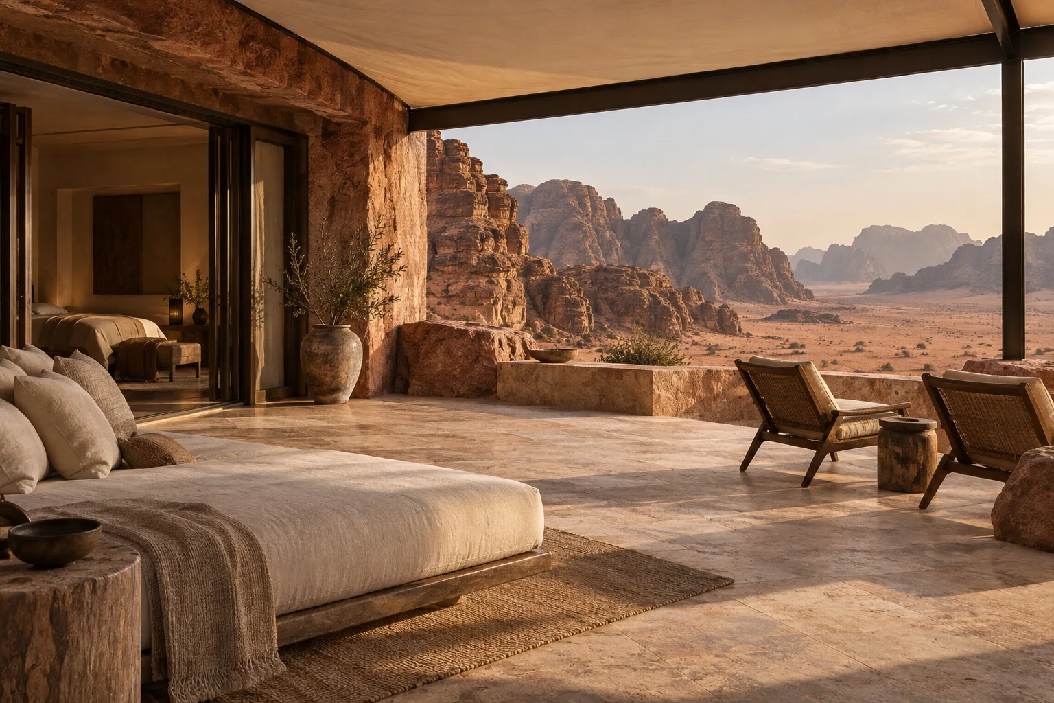 Illustrative private terrace with a shaded daybed, timber chairs and desert views
