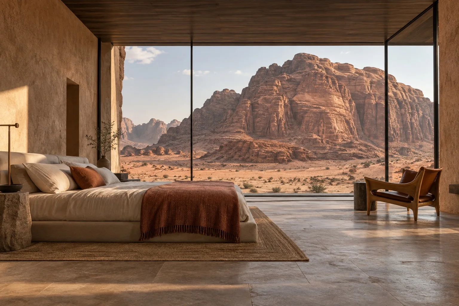 Illustrative spacious suite with a full-height glass wall facing red sandstone cliffs