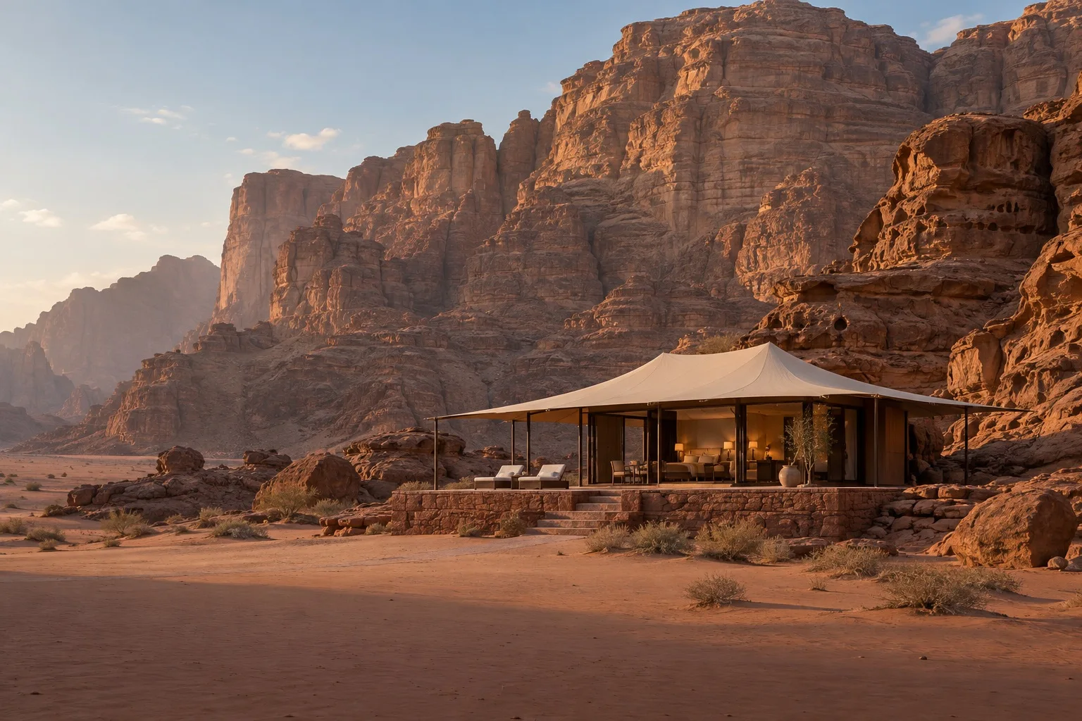 Imagined canvas pavilion beneath monumental sandstone cliffs, in warm evening light