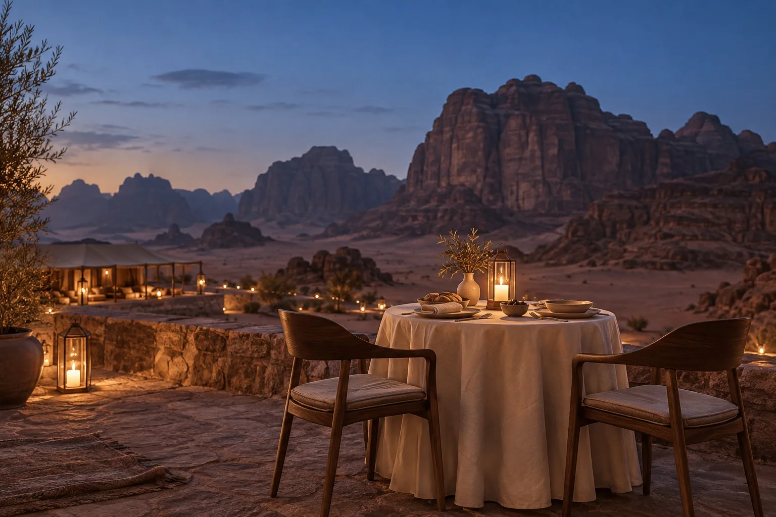 Illustrative candlelit table for two on a stone terrace beneath the desert evening sky