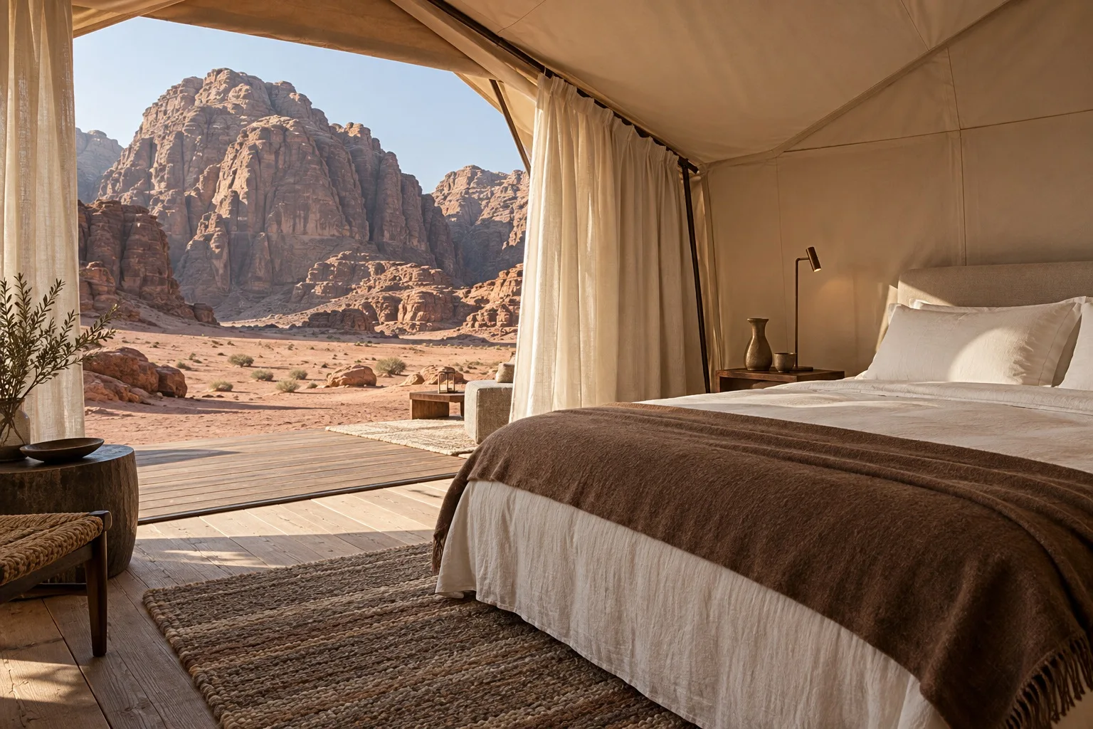 Illustrative canvas suite with ivory bed linen, walnut furniture and an open view of sandstone cliffs
